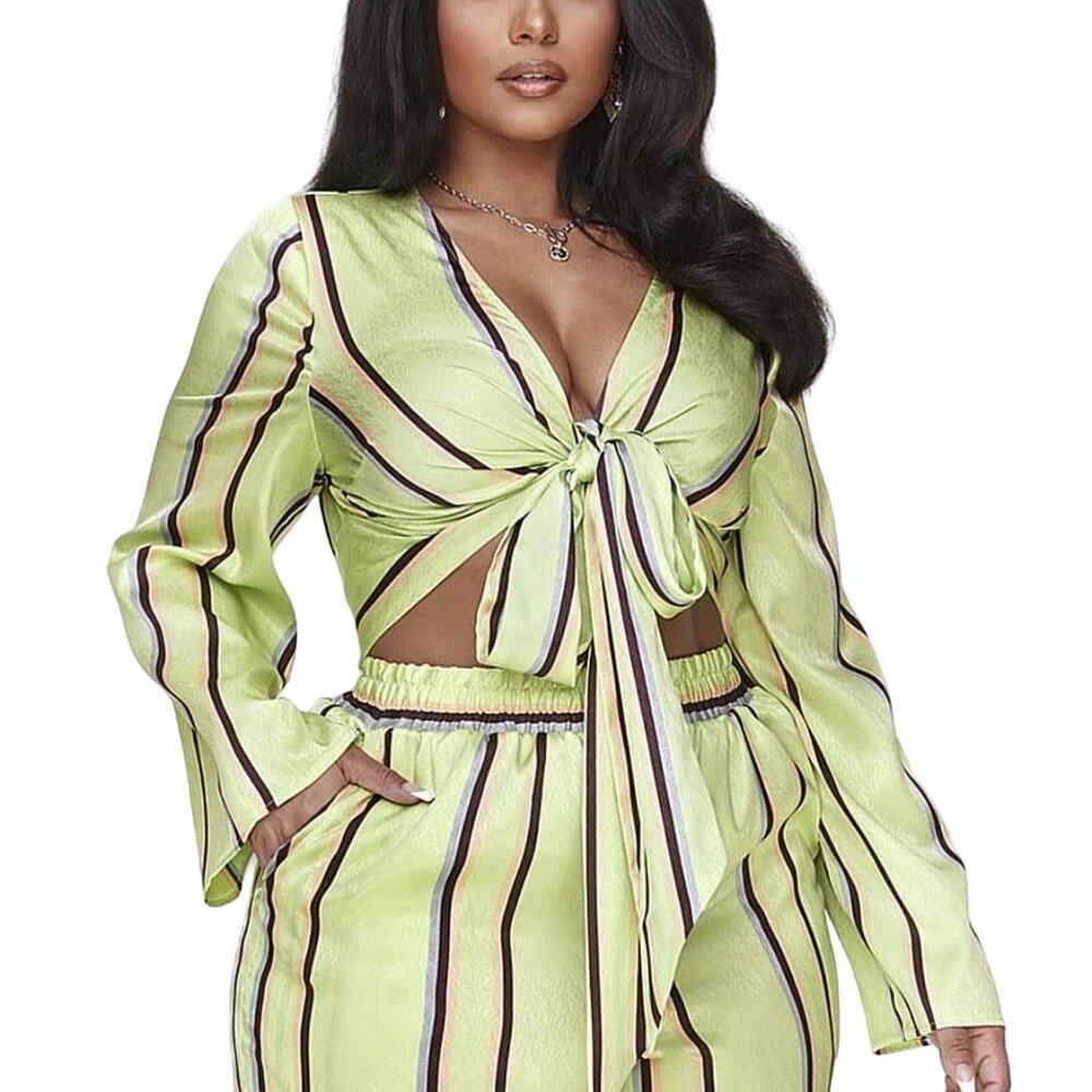NWT FASHION TO FIGURE | Green Metallic Striped Tie Front‎ Long Sleeve Satin Top